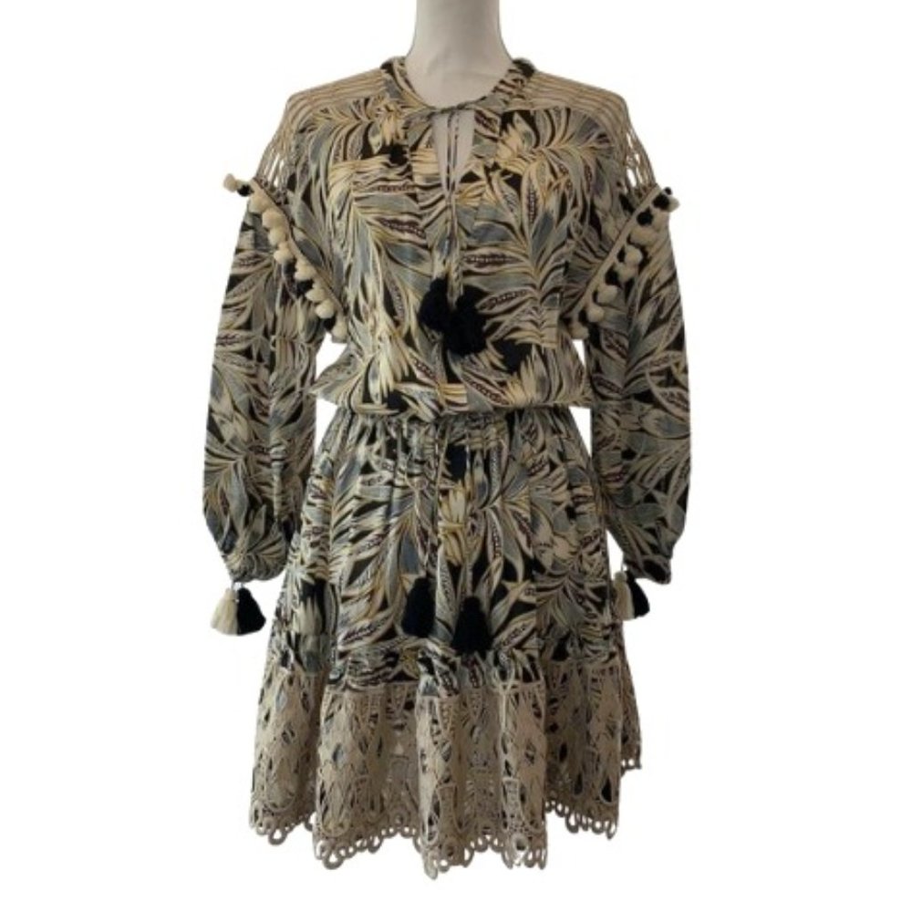 Alexis Multicolor Resort Pom Pom Casual Short Dress Long Sleeves Size S